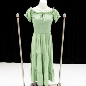 Green Off-Shoulder Smocked Dress